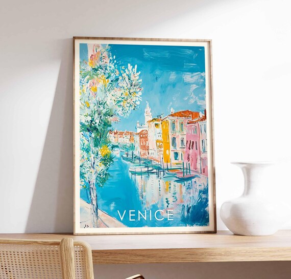 Venice Canal Italy Blooming Tree Pastel Buildings Water Travel Poster