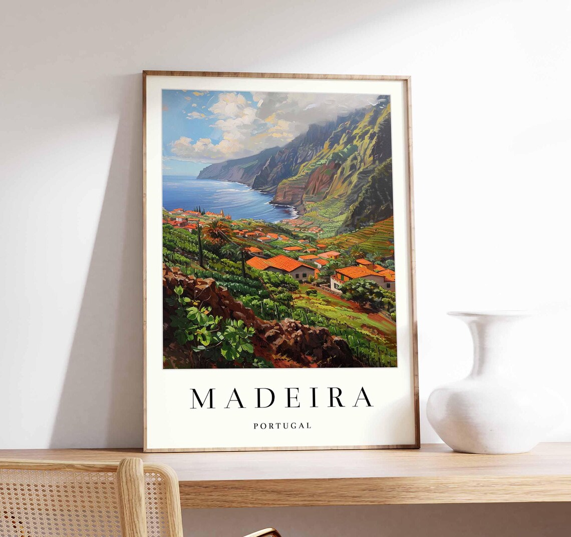 Madeira Portugal Coastal Cliffs Village Sea Travel Art Poster