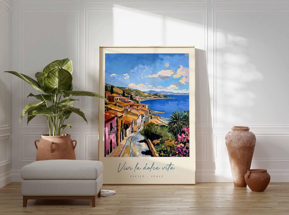 Sicily Italy Street Poster Curving Coastal Road To The Sea At Dusk - Image 3