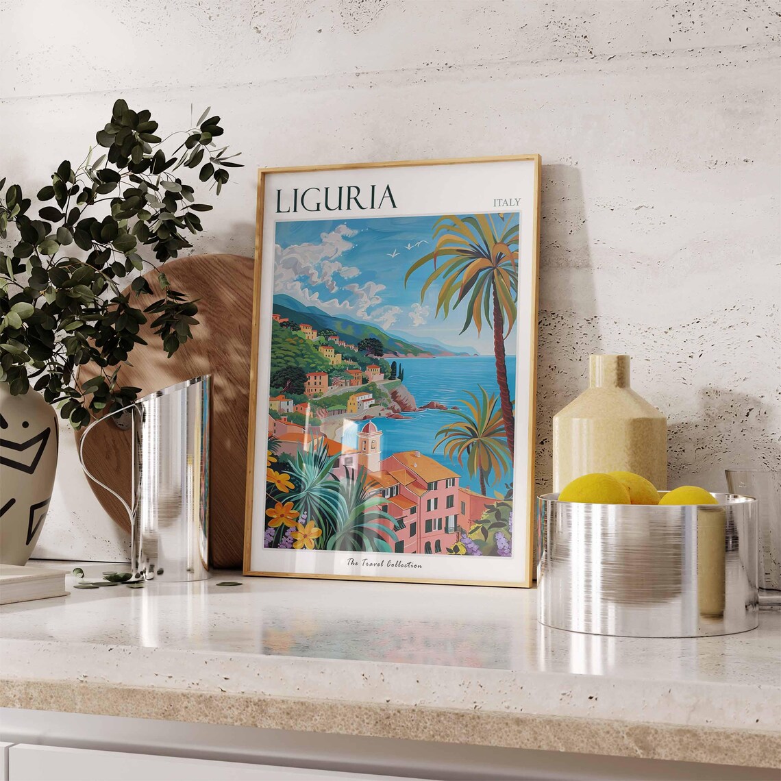 Liguria Italy Colorful Coastal Town Palm Trees Travel Art Poster - Image 3