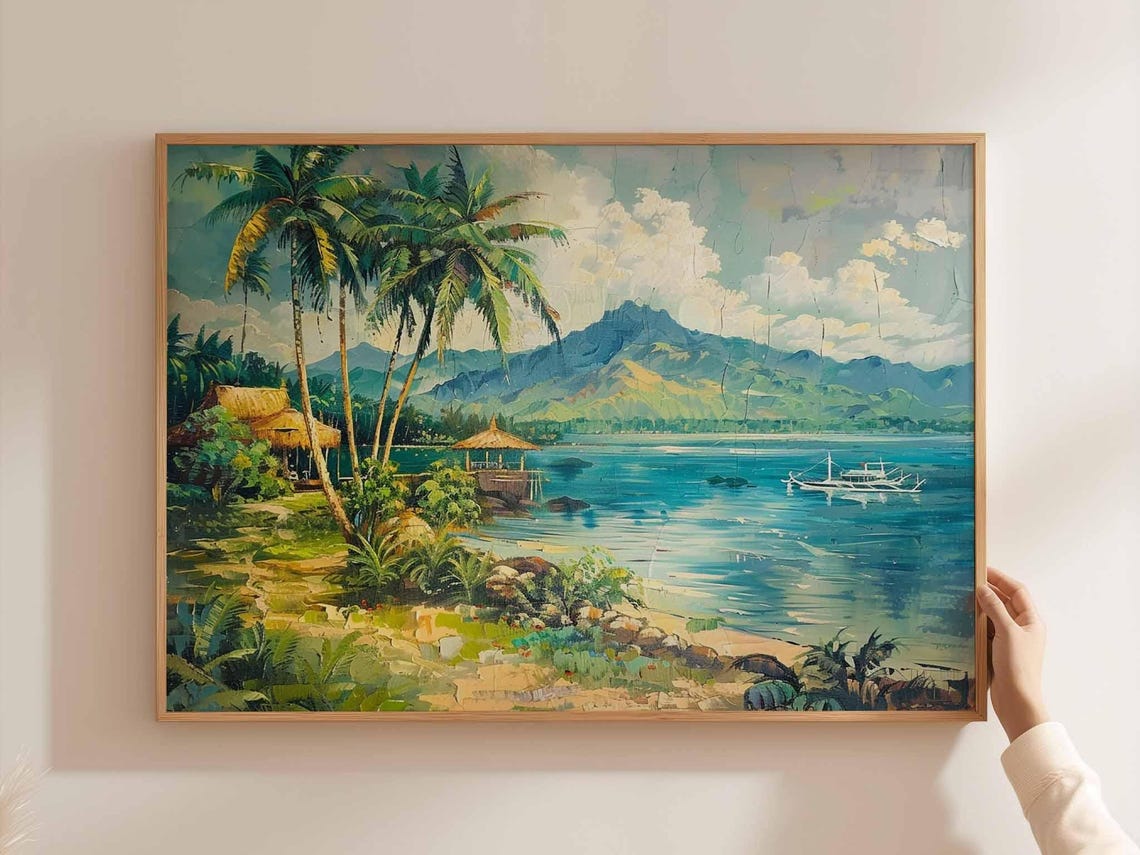 Cebu Lagoon Beach Thatched Huts Mountains Boat Scenic Art Poster