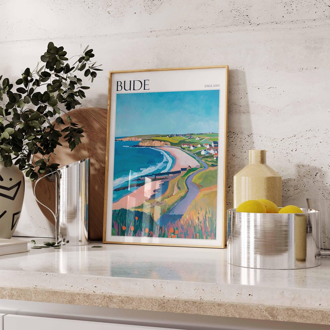 Bude Cornwall England Winding River to Beach and Wildflower Cliff Poster - Image 2