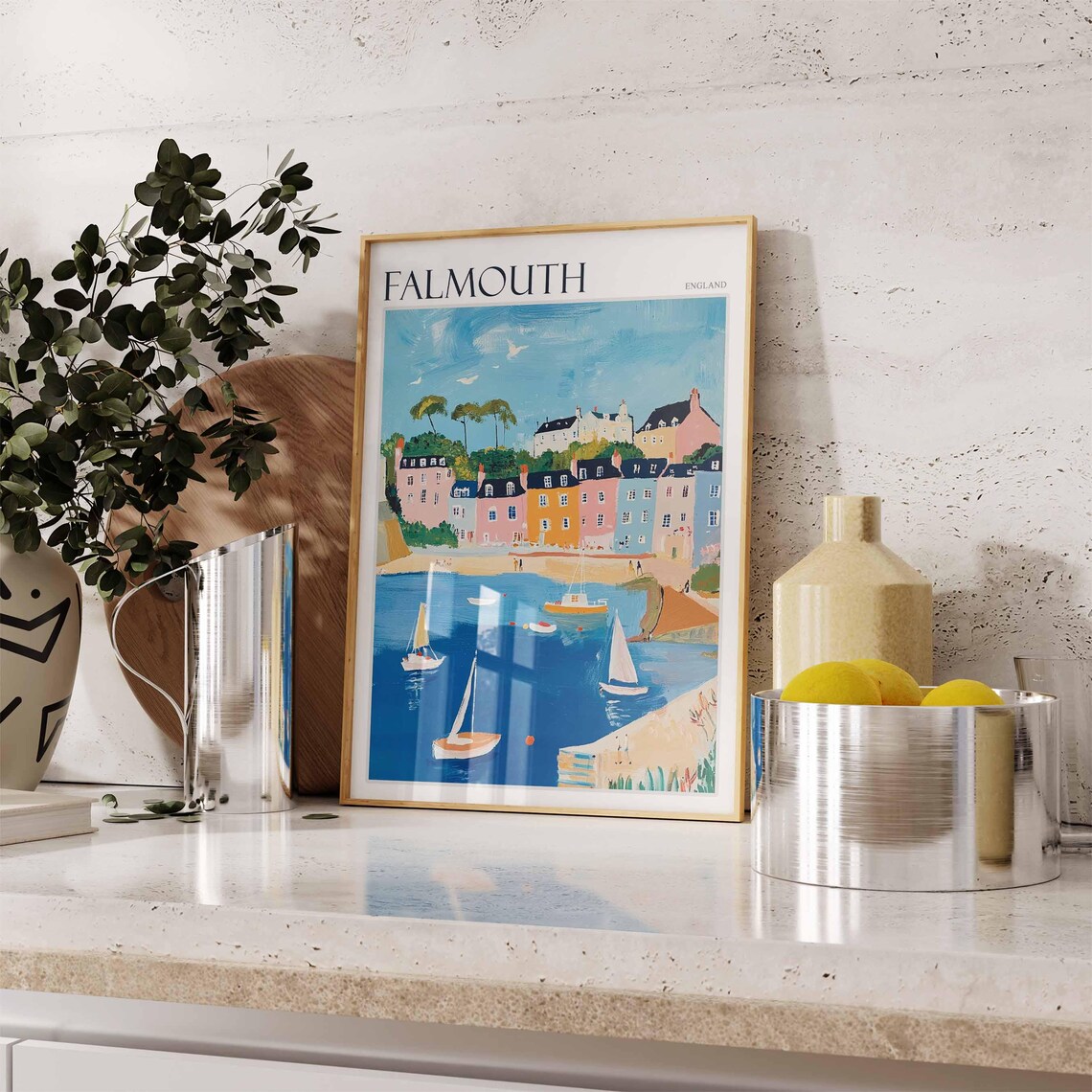 Falmouth England Harbor Town Sailboats Beach Pastel Painting Poster - Image 2