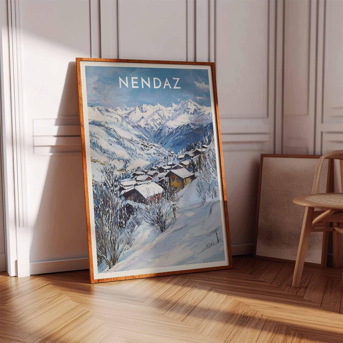 Nendaz Switzerland Blue Winter Painting Village In Snowy Slopes Poster - Image 3