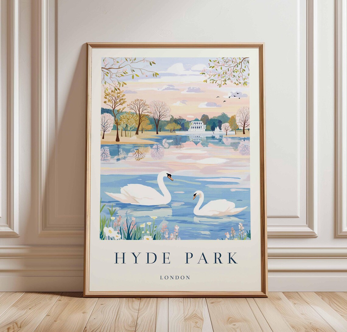 Hyde Park London Serene Swan Lake Serpentine Vintage Travel Poster