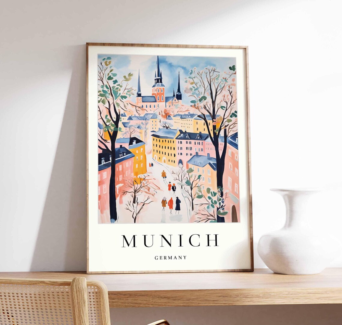Munich Germany Watercolor Old Town Travel Cityscape Art Poster