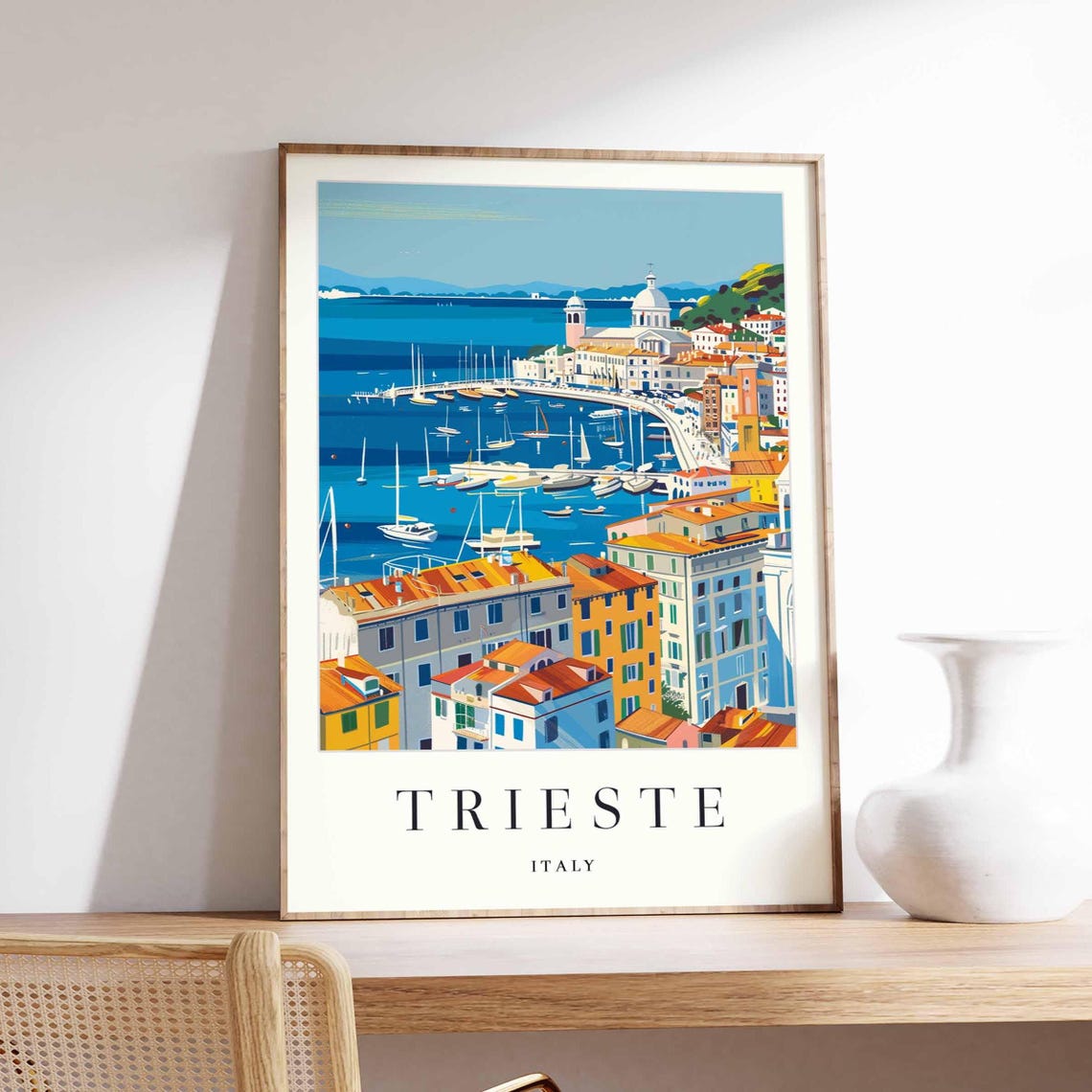 Trieste Italy Coastal Harbor Boats Marina Seaside City Poster