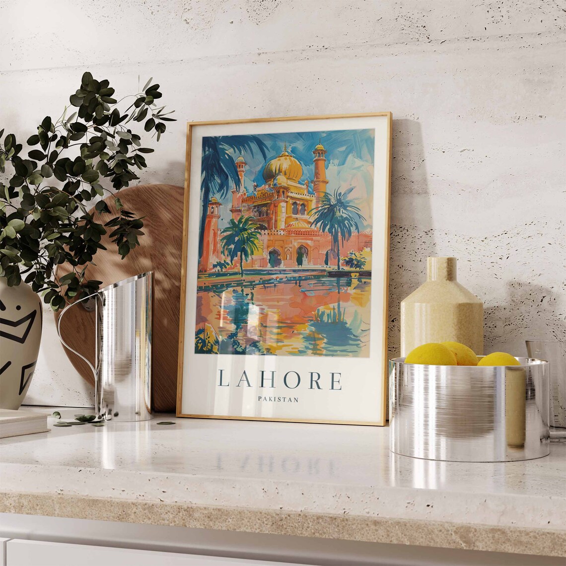 Lahore Pakistan Golden Dome Mosque Watercolor Travel Art Poster - Image 3
