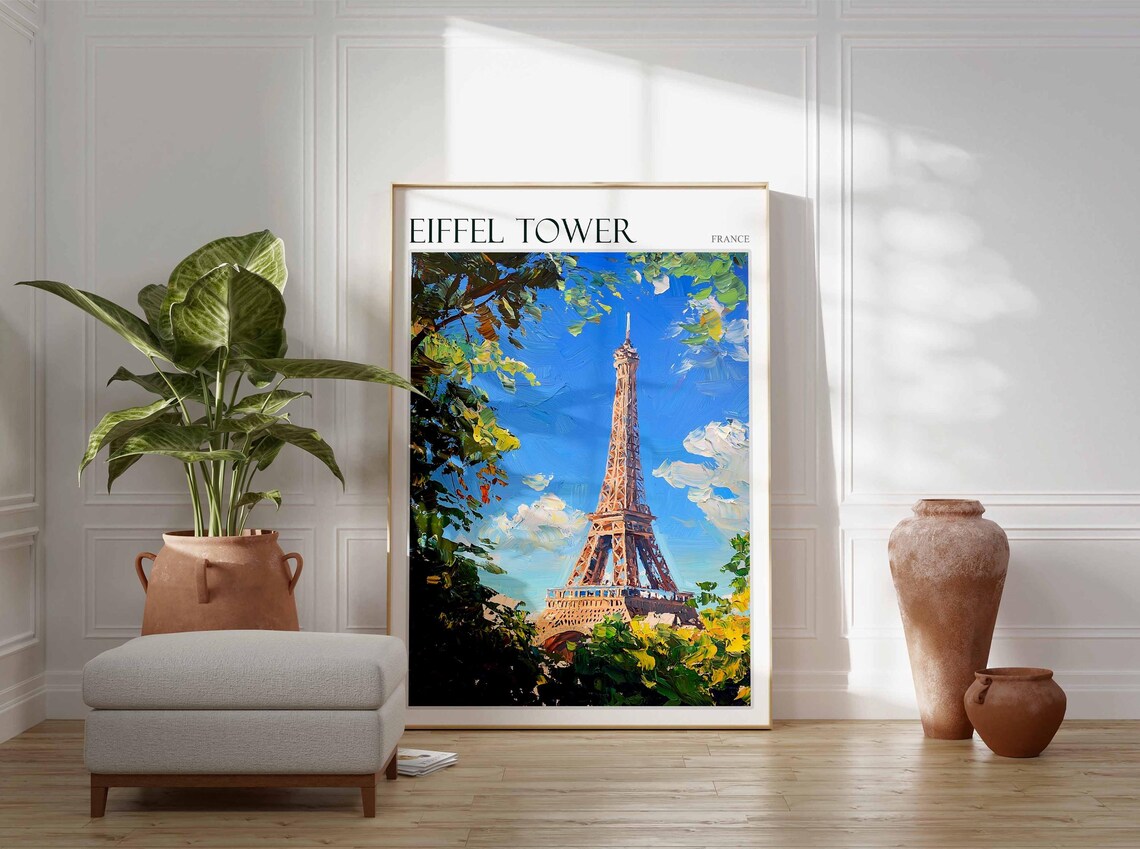 Eiffel Tower France Travel Poster Foliage Framed Blue Sky Painting - Image 2