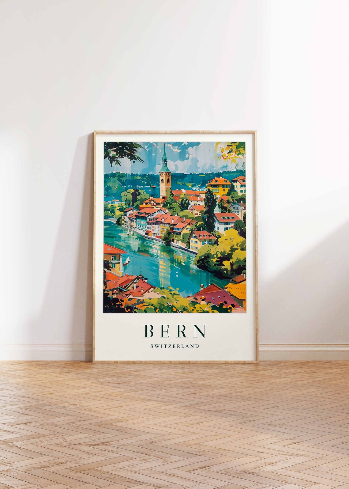 Bern Switzerland Travel Poster Old Town River Bend And Clock Tower - Image 2