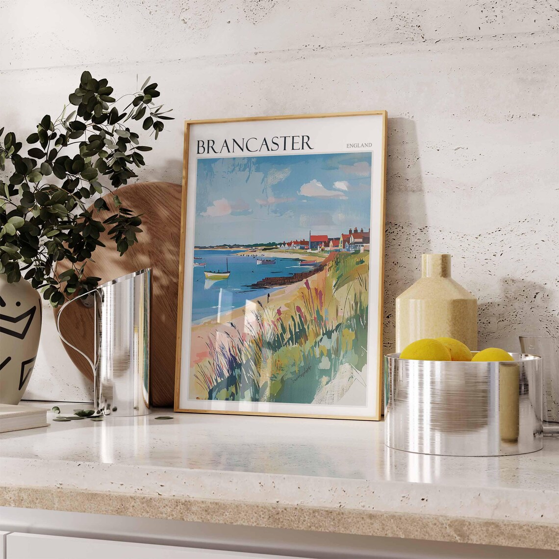Brancaster England Harbor Boats Beach Grass and Seaside Cottages Poster - Image 2