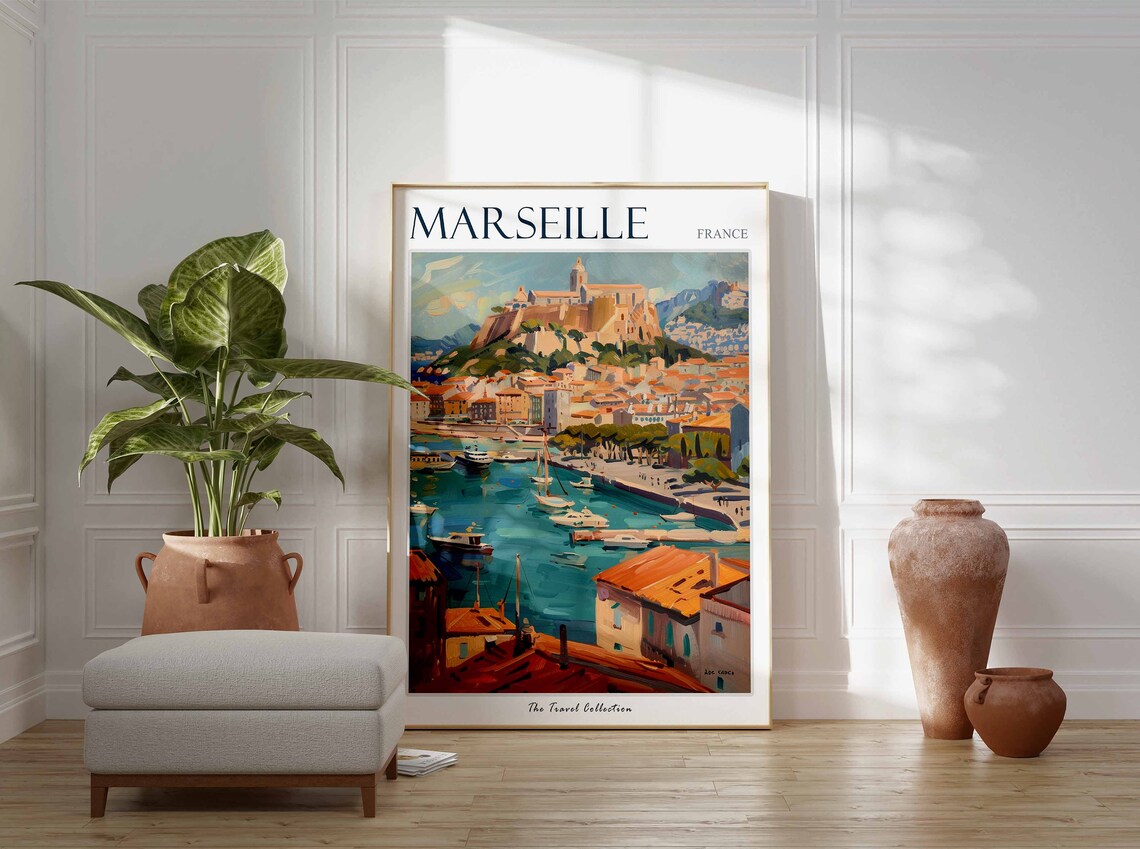 Marseille France Old Port Harbor Travel Poster With Basilica Art - Image 3