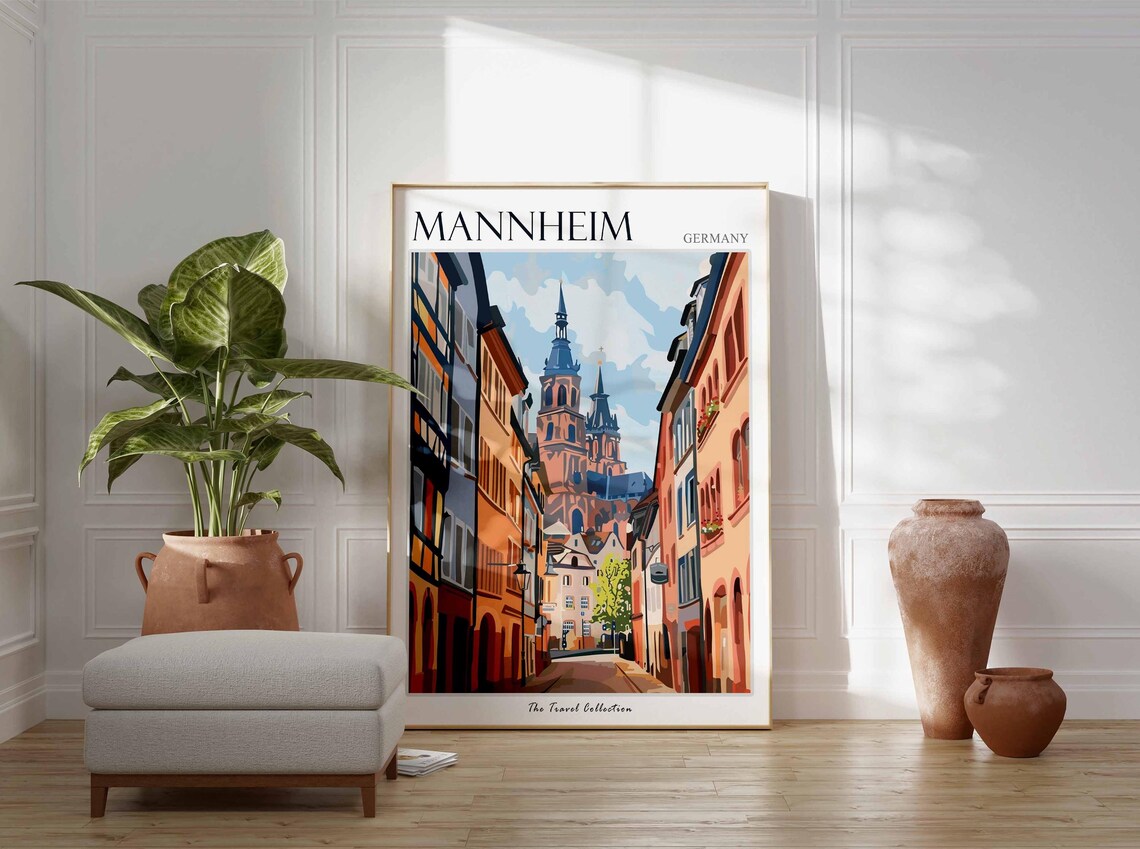 Mannheim Germany Old Street Twin Church Spires Travel Poster - Image 3