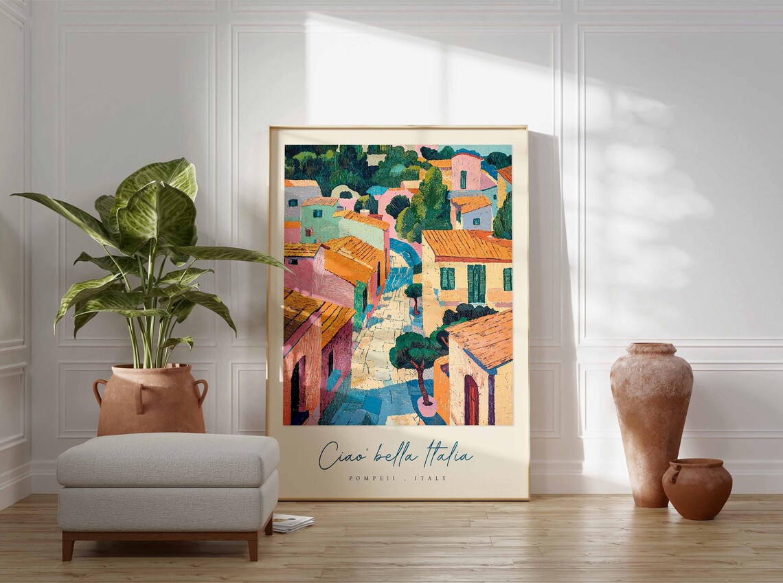 Pompeii Italy Colorful Village Rooftops Aerial Painting Travel Poster - Image 3