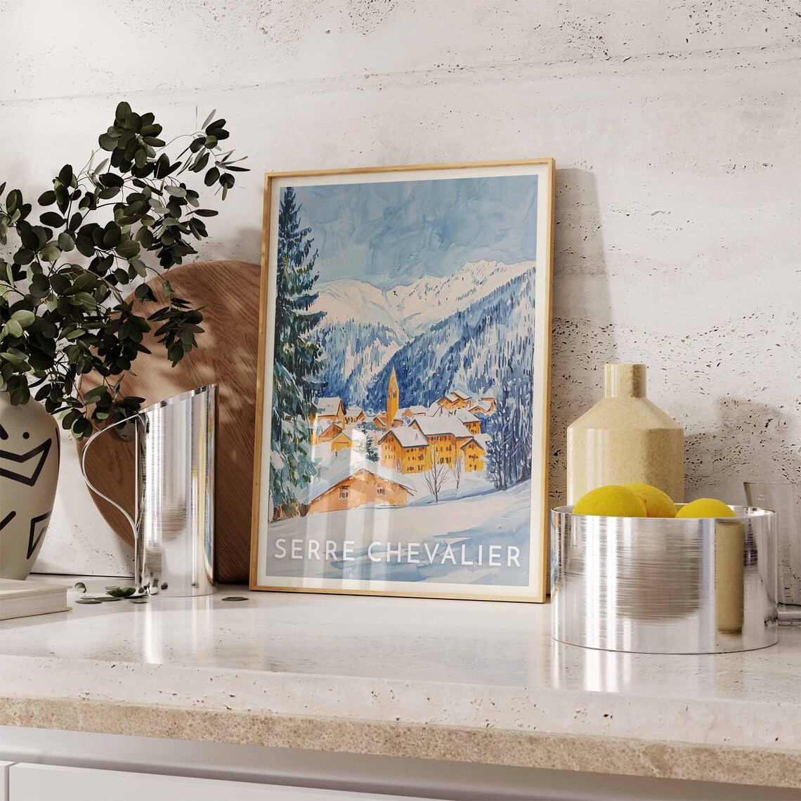 Serre Chevalier France Watercolor Village Church Spire Snowy Ridges Poster - Image 2
