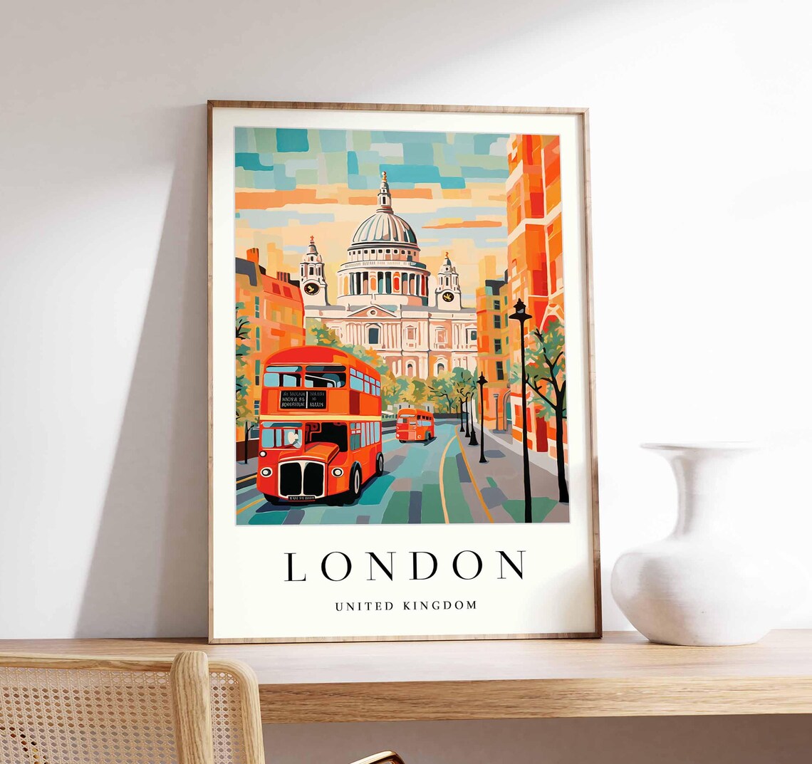 London United Kingdom Red Bus St Paul's Cathedral Travel Art Poster