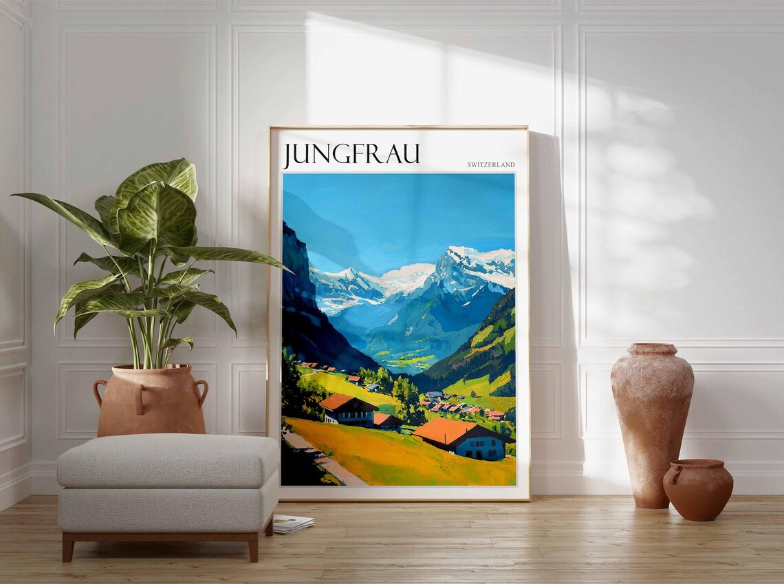 Jungfrau Switzerland Meadow Village Chalets Golden Light Poster - Image 2