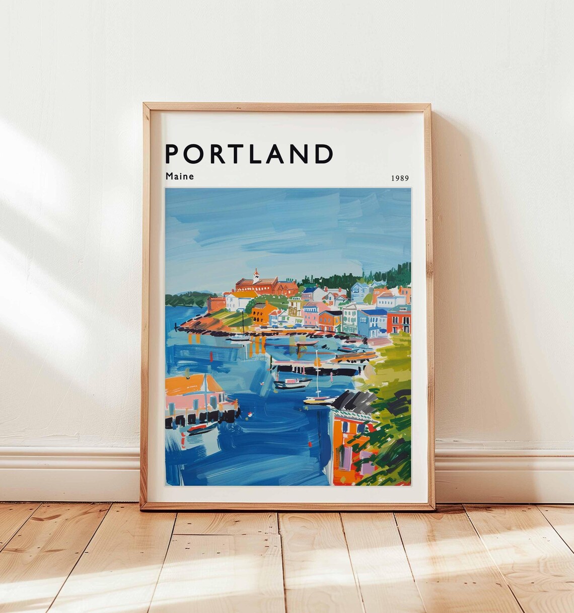 Portland Maine 1989 Downtown Harbor View Blue Water Boats Poster