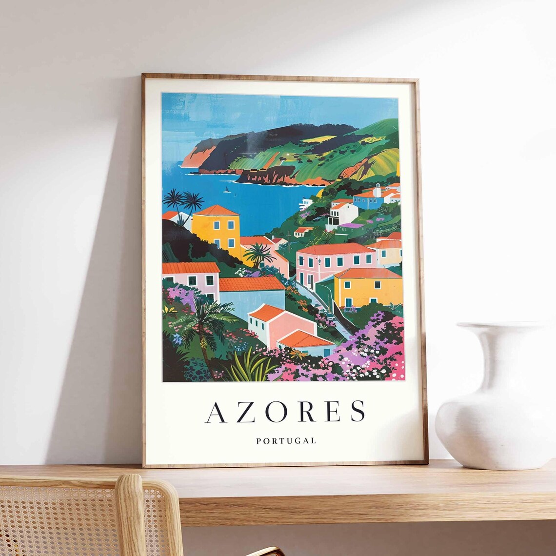 Azores Portugal Hillside Village Harbor View Vintage Travel Poster