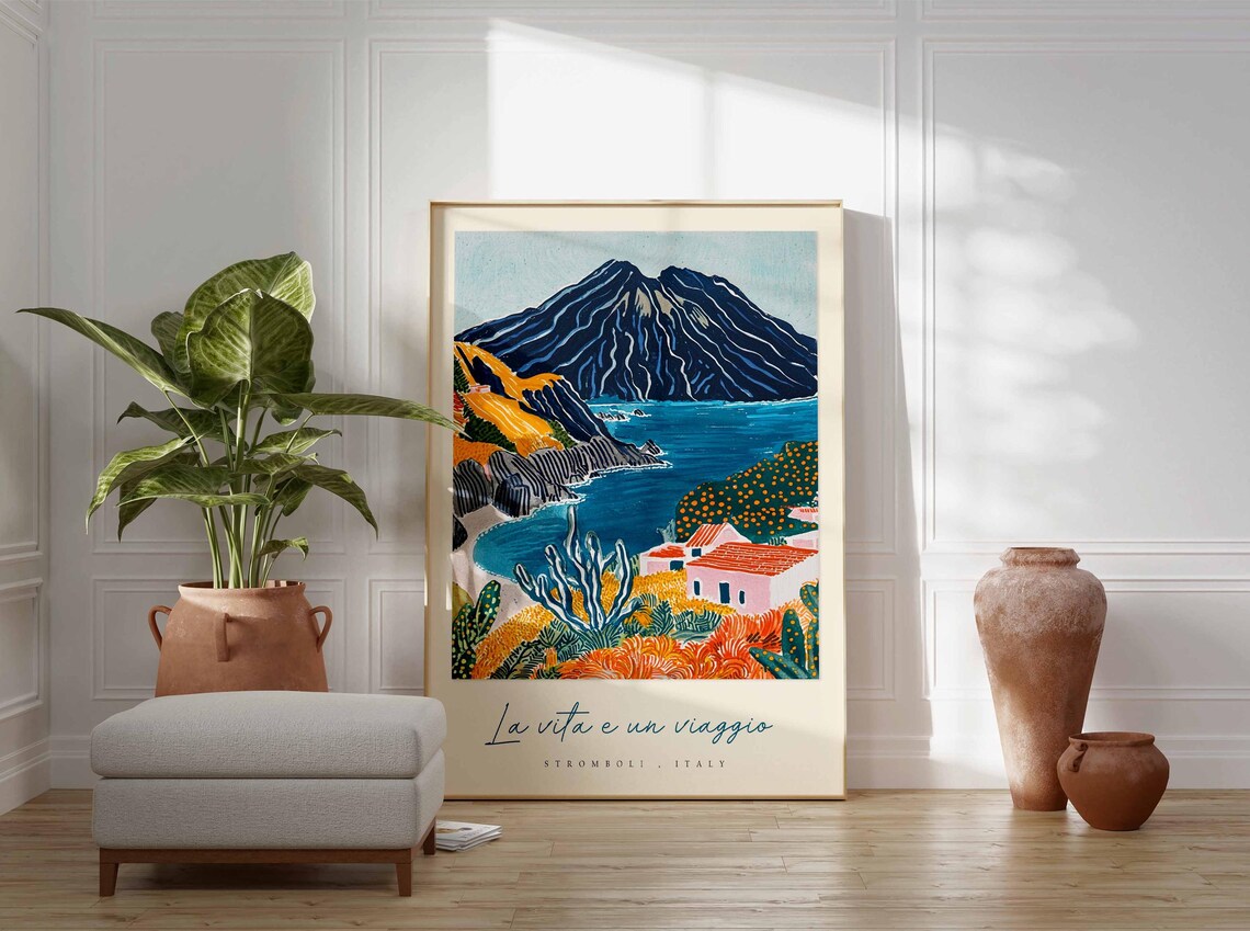 Stromboli Italy Volcano Poster Cactus Foreground Coastal Village View - Image 3