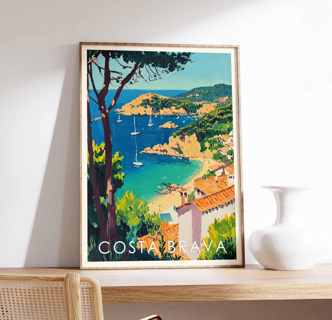 Costa Brava Spain Cove Sailboats Turquoise Bay Coast Scene Poster
