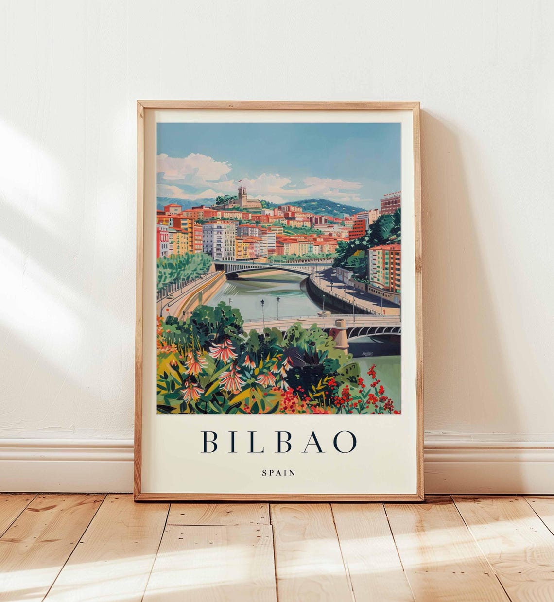 Bilbao Spain River Bridges Painterly Cityscape Travel Poster Art