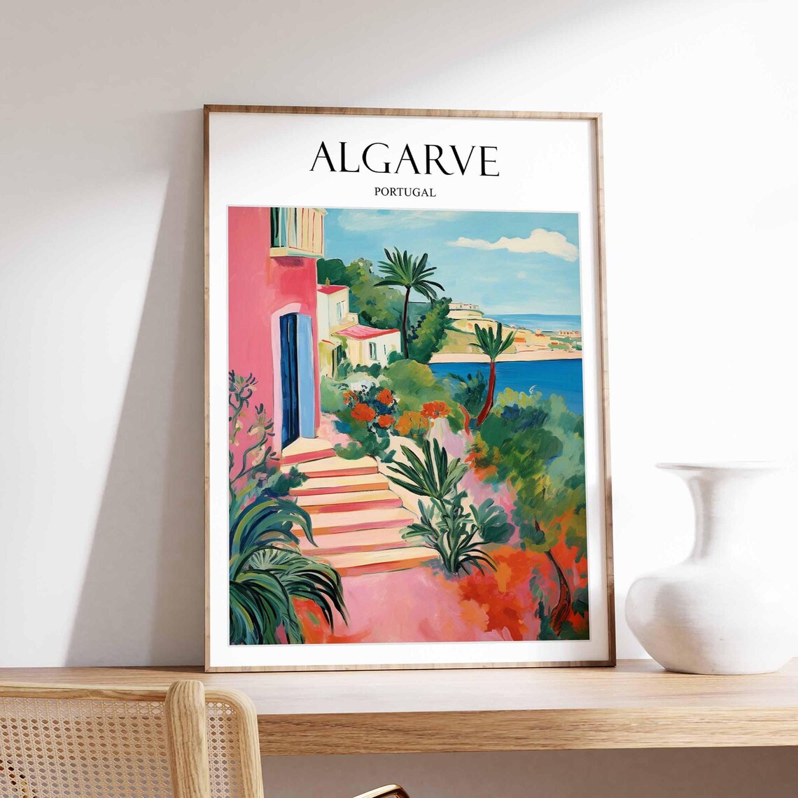 Algarve Portugal Coastal Village Pink Stairs Seaside Travel Poster