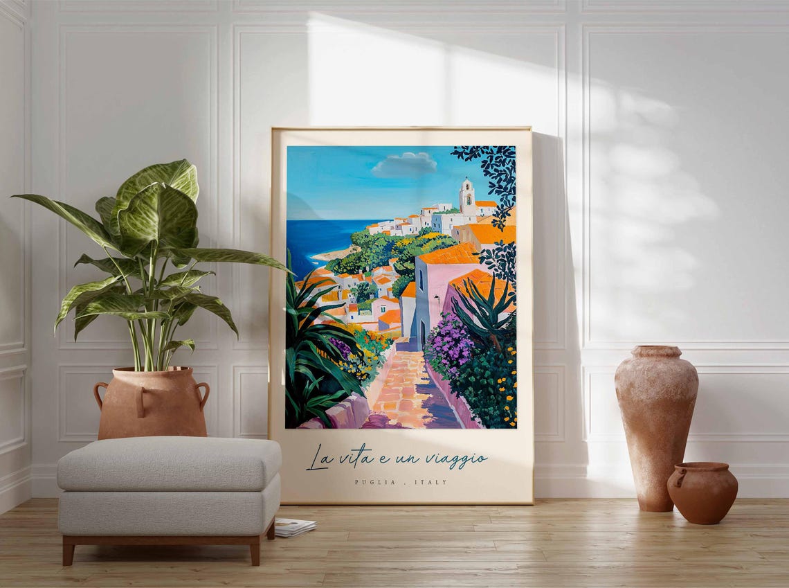 Puglia Italy Coastal Old Town Church Tower Orange Roofs Seaside Poster - Image 3