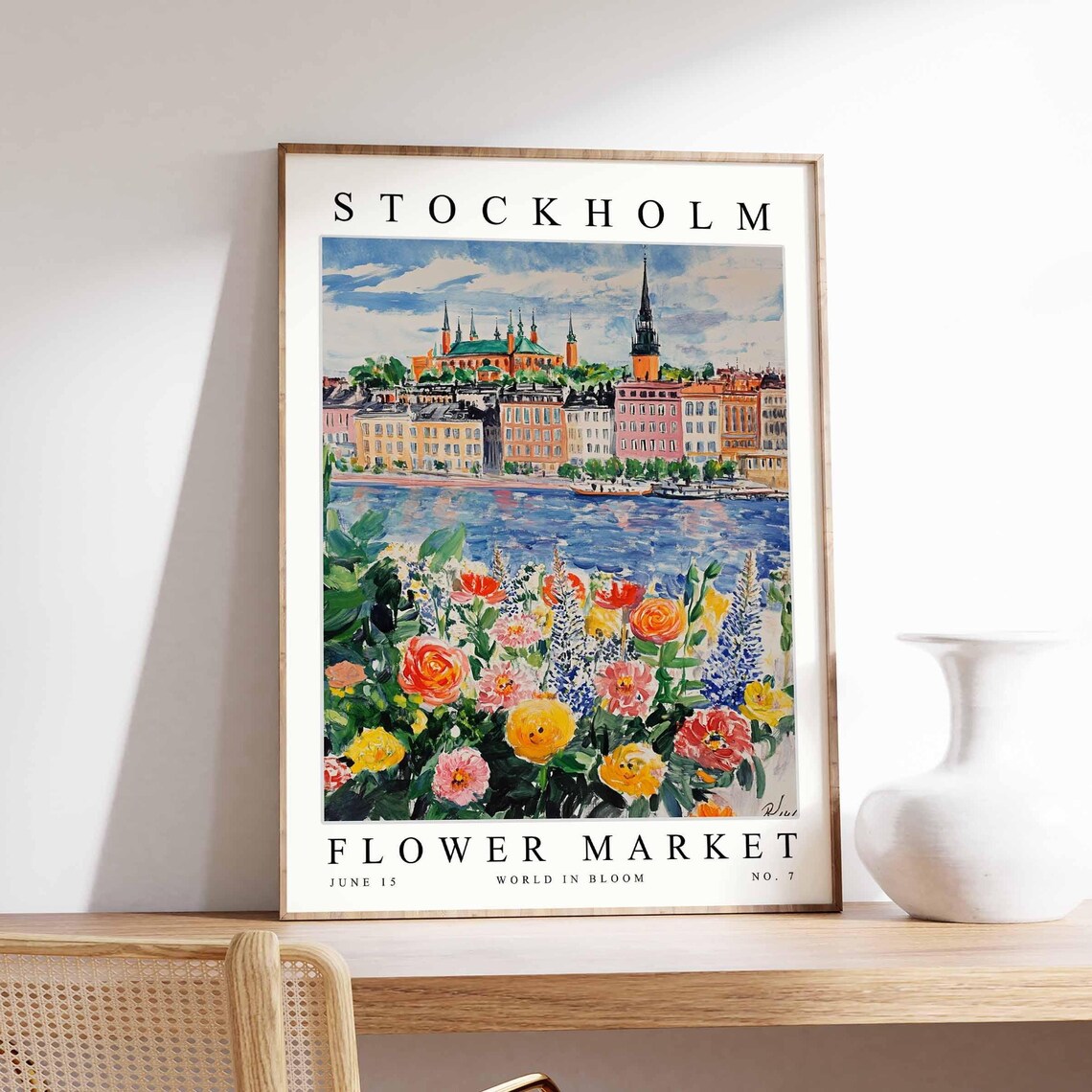 Stockholm Flower Market Harbor Boats Cosmos And Roses Poster