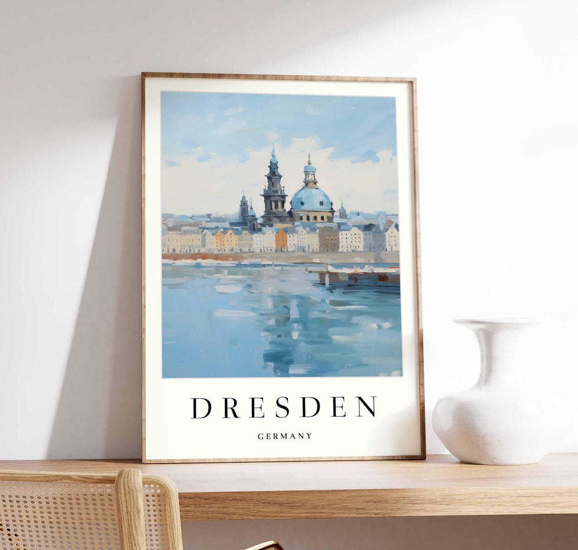 Dresden Germany Minimalist Blue Dome Painted Skyline Calm Water Poster