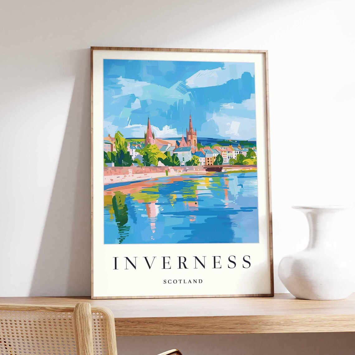 Inverness Scotland Bright River Church Reflections Travel Poster
