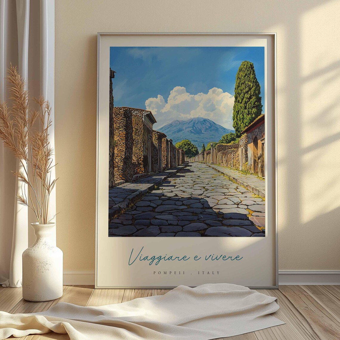 Pompeii Italy Stone Ruins Street With Vesuvius Viaggiare Vivere Poster - Image 2