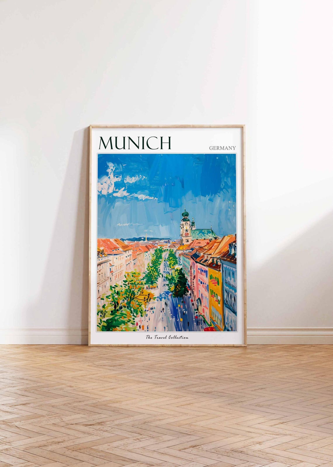 Munich Germany Colorful Old Town Street Church Tower Art Poster - Image 2