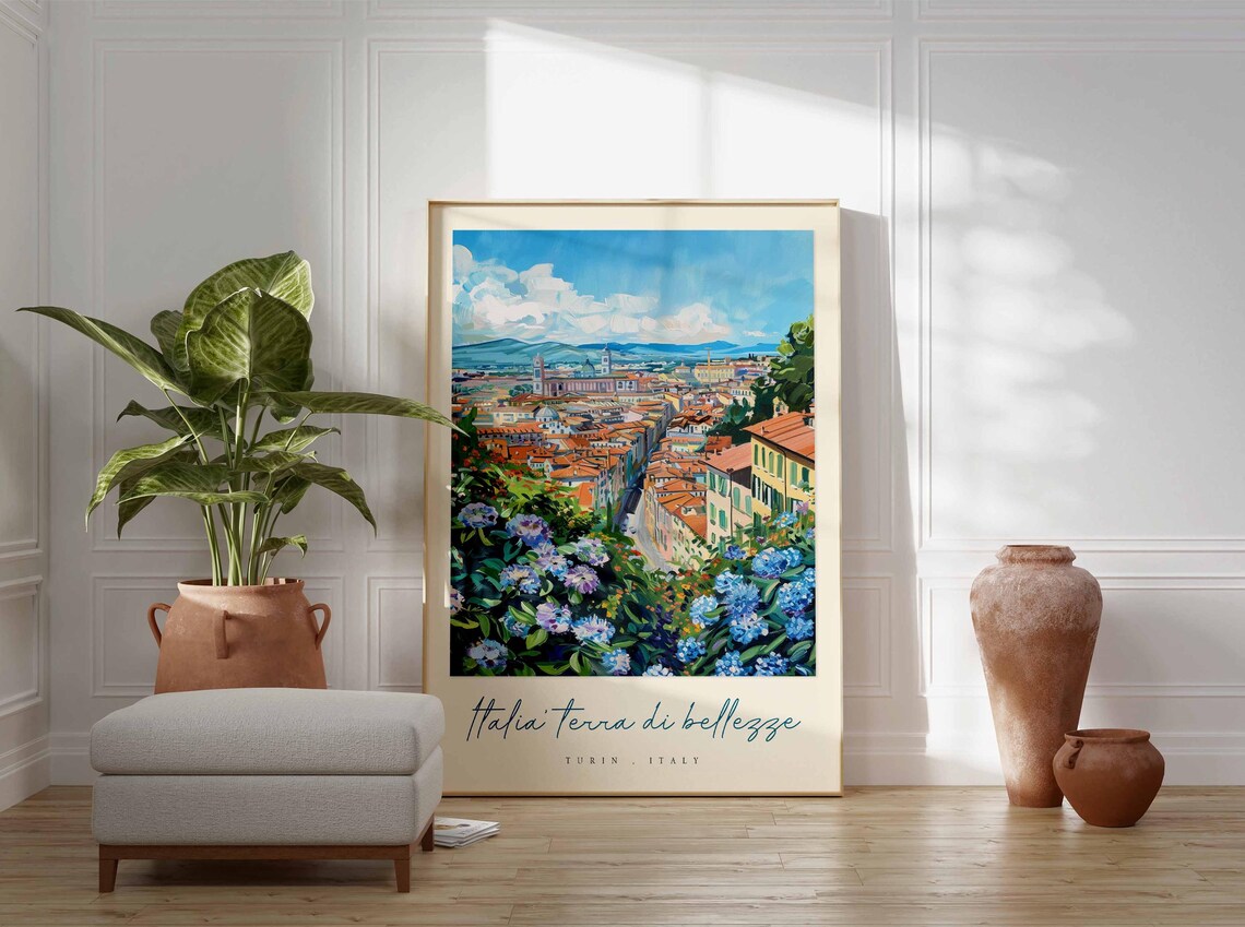 Turin Italy City Panorama Painting Hydrangea Flowers Italy Art Poster - Image 3