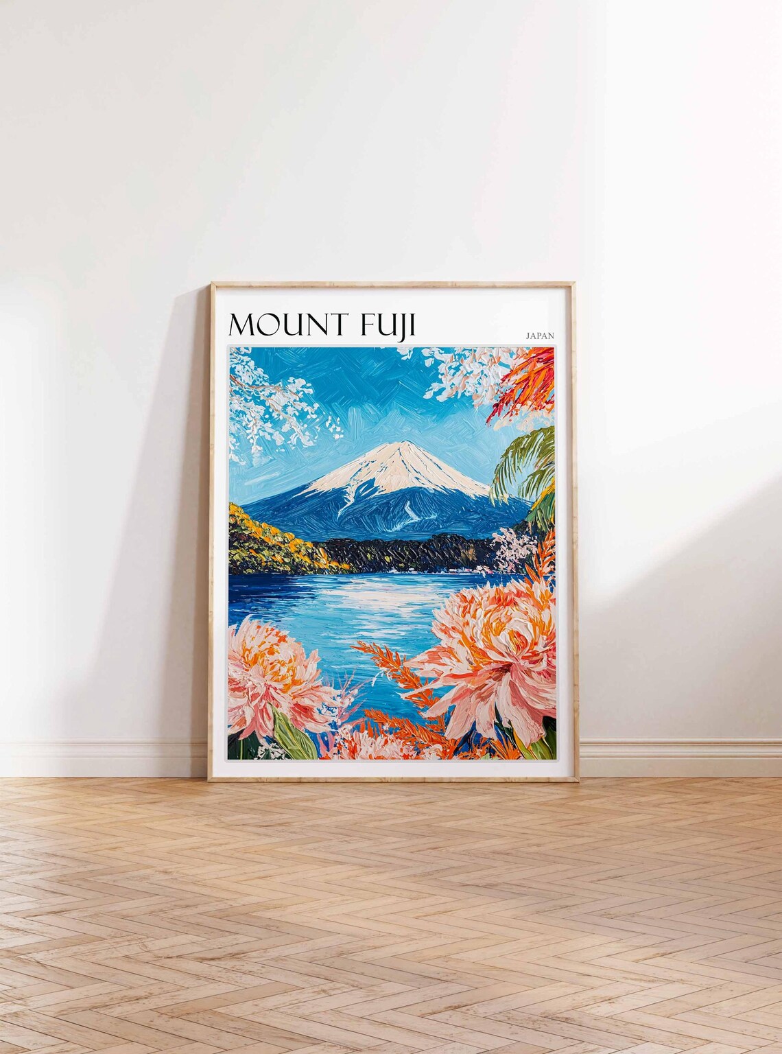 Mount Fuji Japan Cherry Blossoms and Peonies by the Lake Travel Poster - Image 4