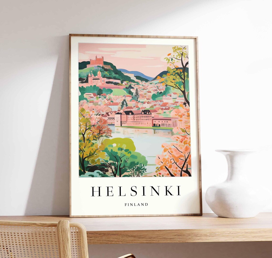 Helsinki Finland Blossom River Castle Hillside View Travel Poster