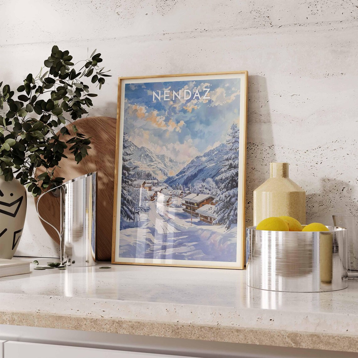 Nendaz Switzerland Sunrise Gold Clouds Over Snowy Village Travel Poster - Image 2