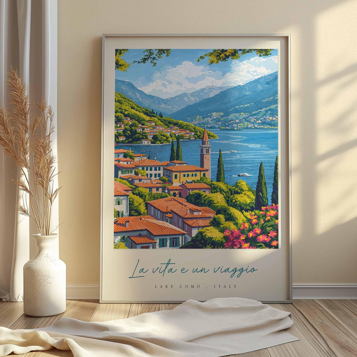 Lake Como Italy Rooftop Village Church Spire Mountain Poster - Image 2