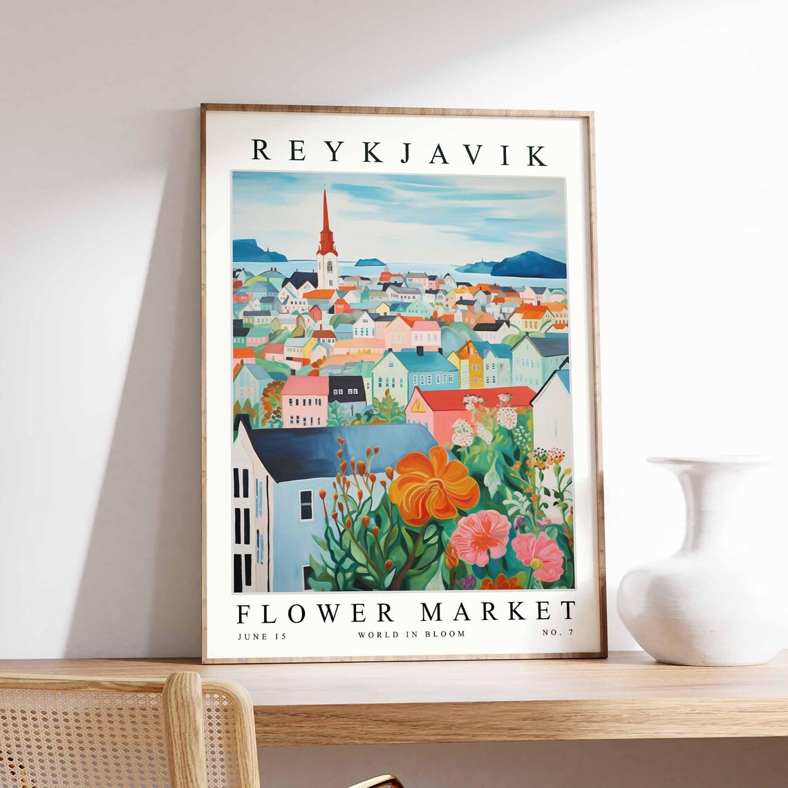 Reykjavik Colorful Houses Bold Bloom Garden Scene Travel Poster