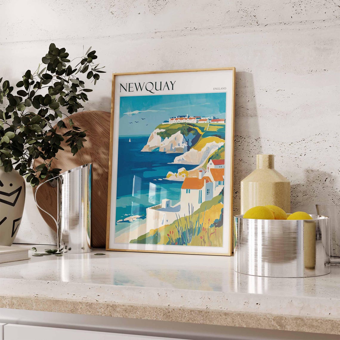 Newquay England Cliffs Cottages Headland Buildings Coastal Poster - Image 2