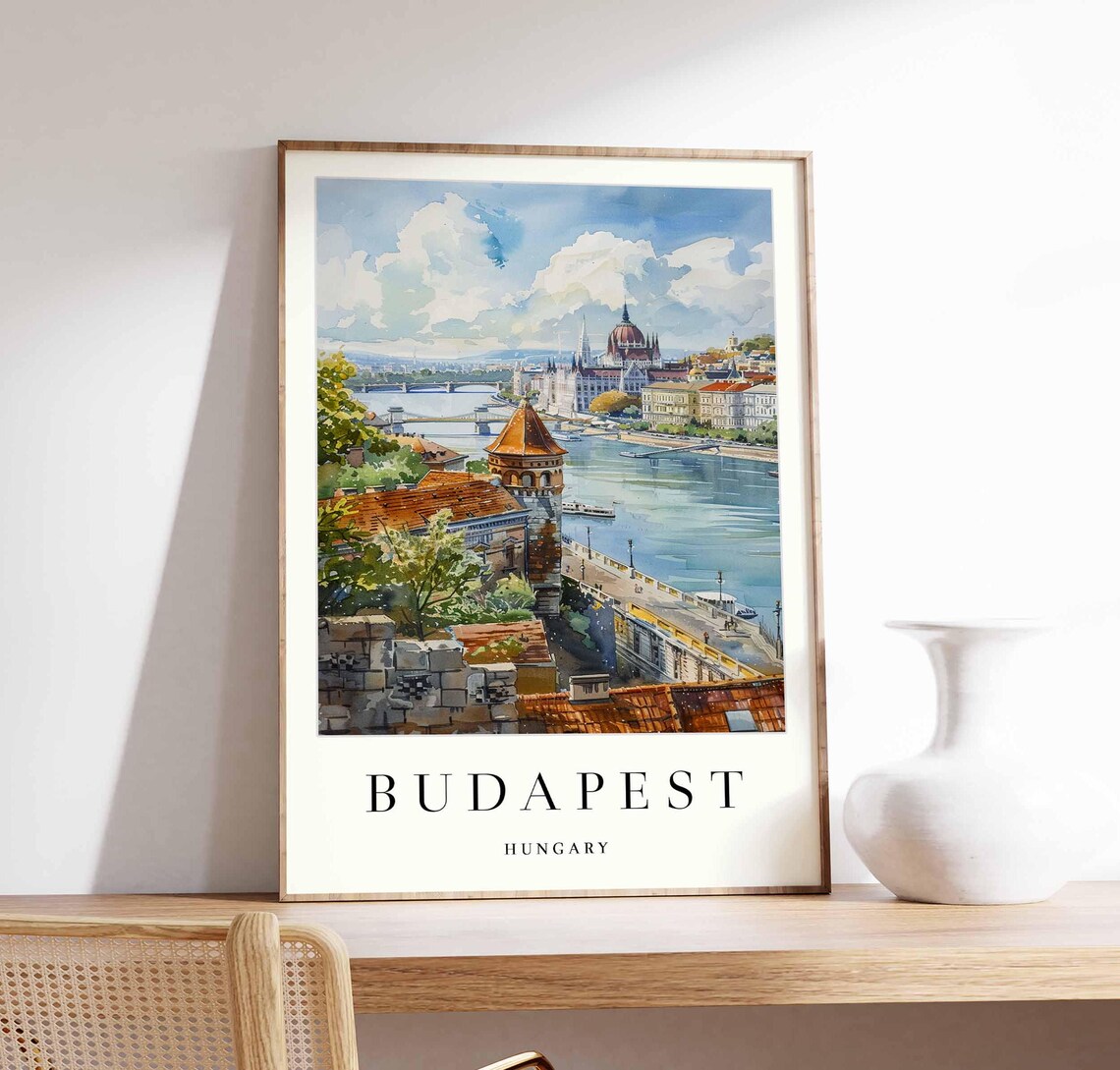Budapest Danube Promenade Rooftops Parliament Distance Watercolor Poster