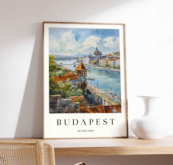 Budapest Danube Promenade Rooftops Parliament Distance Watercolor Poster