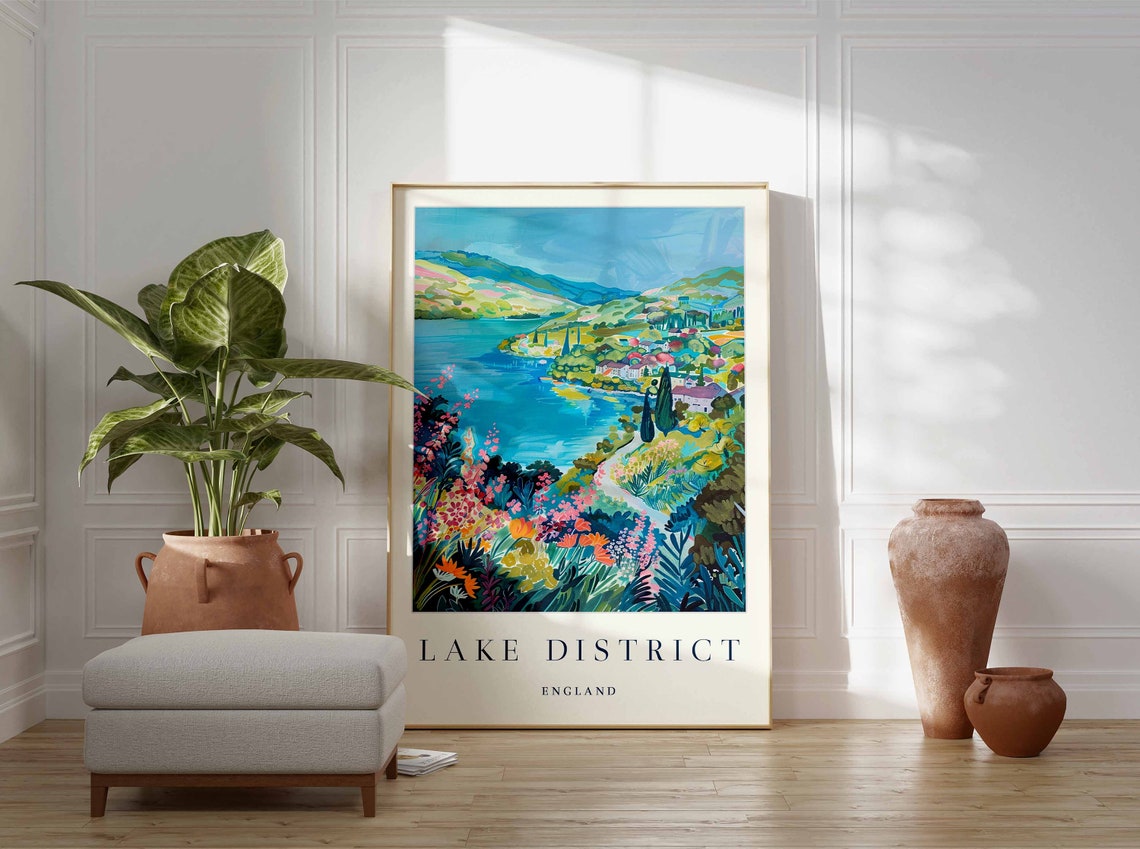 Lake District England Turquoise Lake Wildflowers Travel Poster - Image 2