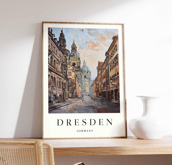 Dresden Germany Cobblestone Street Historic Facades Domed Church Poster