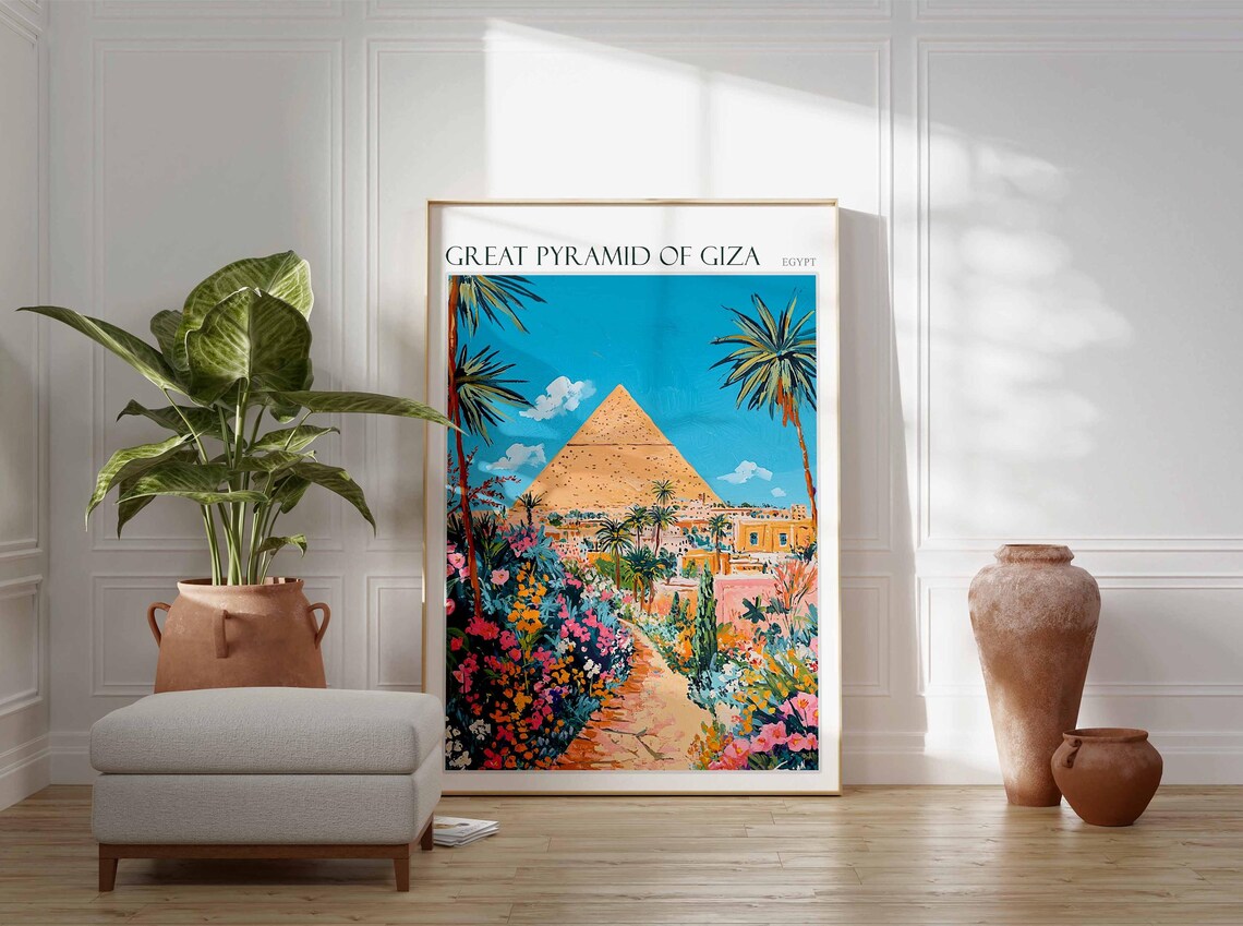 Great Pyramid of Giza Egypt Garden Path Palms Painting Poster - Image 2