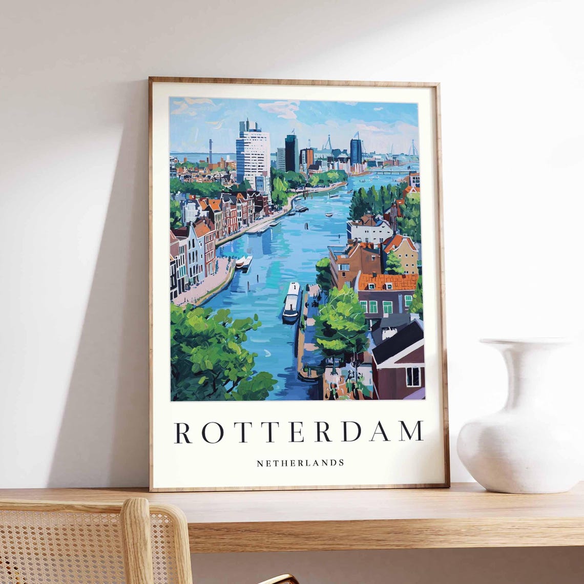 Rotterdam Netherlands Poster With Aerial River View And Brick Houses