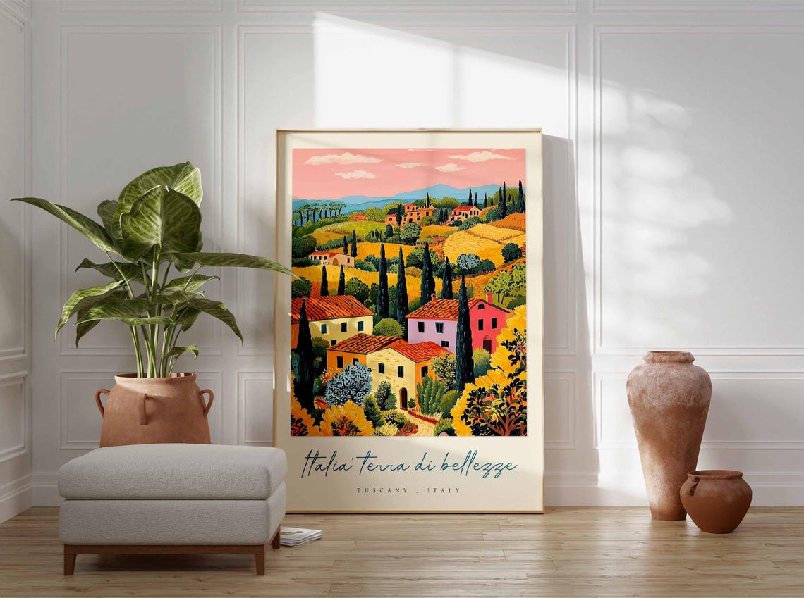 Tuscany Italy Rolling Hills Painting Cypress Farmhouses Sunset Poster - Image 3