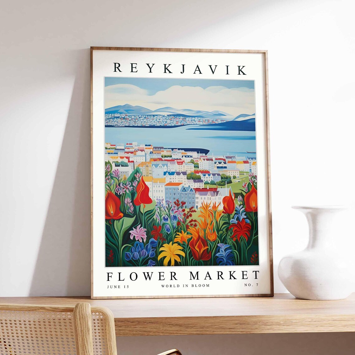 Reykjavik Harbor Panorama Red Tulip Flower Field Travel Poster