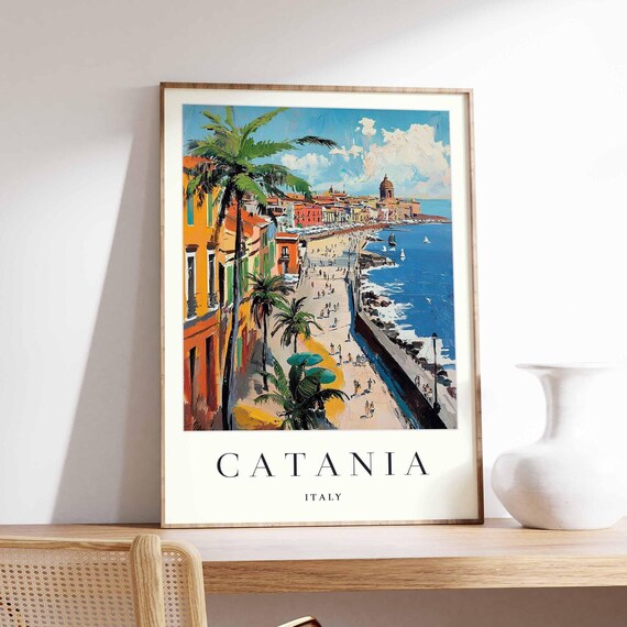 Catania Italy Palm Lined Beach Promenade Coastal Travel Poster