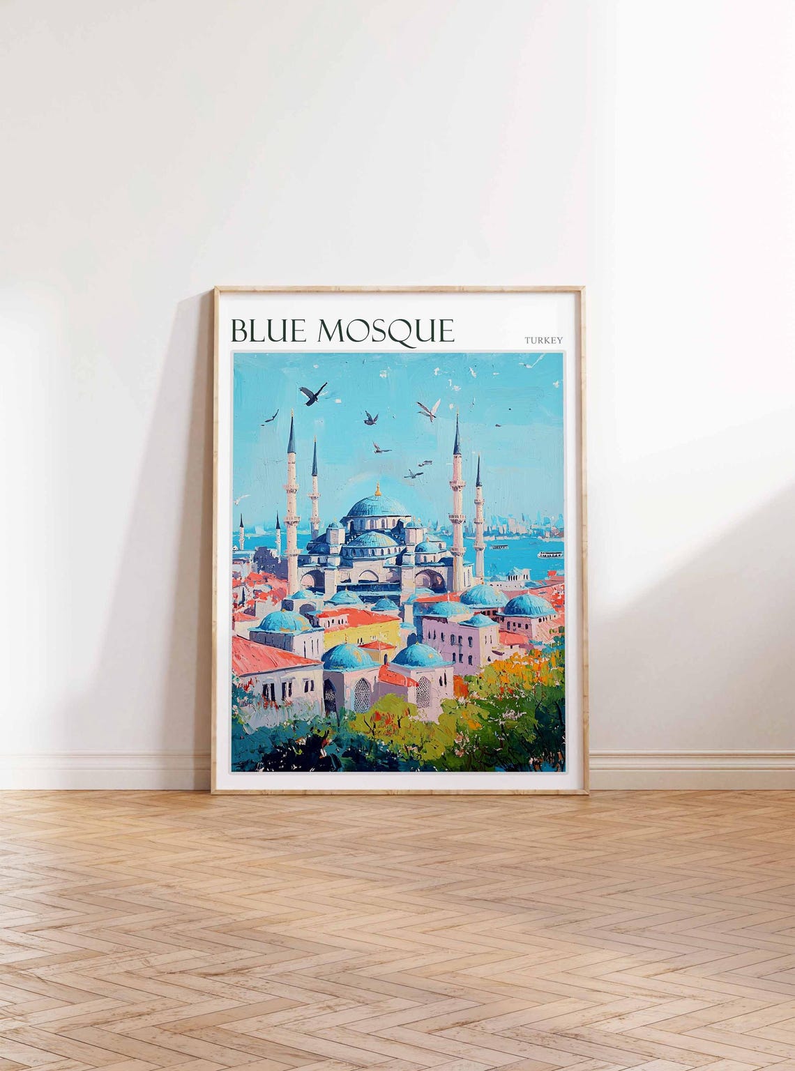 Blue Mosque Old Town Rooftops Birds Flying Painterly Art Poster - Image 3